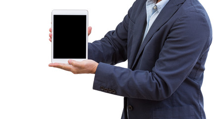 Businessman hand holding tablet computer isolated on white background, clipping path