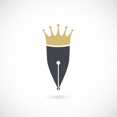 Fountain pen icon and crown icon / logotype. Isolated on white background. Vector illustration, eps 10.