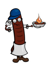 Sausage cartoon character holding a german curry wurst. Vector illustration, isolated on white background, eps 10.