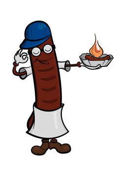 Sausage Cartoon Character Holding A German Curry Wurst. Vector Illustration, Isolated On White Background, Eps 10.