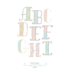 Pastel colored hand drawn vector font. Abc letters, decorated with hand drawn stripes, dots, swirls. Alphabet set of letters from A to I, goor for lettering design, kids illustration, print.