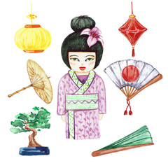 Obraz premium Set Japanese traditional subjects. Japanese woman, umbrella, fan, paper lantern, bonsai.