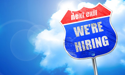 We are hiring sign, 3D rendering, blue street sign