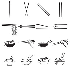 Chopsticks icons. Collection of black symbols isolated on a white background. Vector illustration