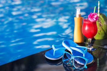 Water-melon  fresh fruit smothie drink with sunglasses, sunscree