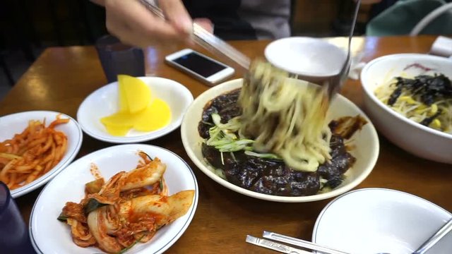 Jajangmyeon, Korean Noodles with blacken sauce with kimchi set