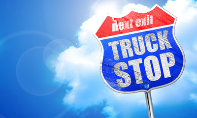 truck stop, 3D rendering, blue street sign