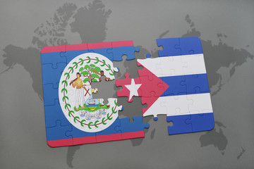 puzzle with the national flag of belize and cuba on a world map background.