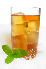 Ice tea with ice cubes,mint on ice on white