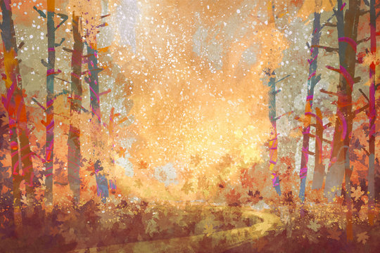 pathway in autumn forest,landscape painting,illustration