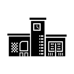 Public building with a clock icon in simple style on a white background