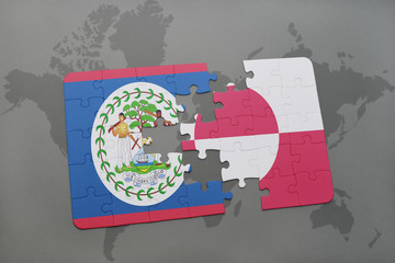 puzzle with the national flag of belize and greenland on a world map background.