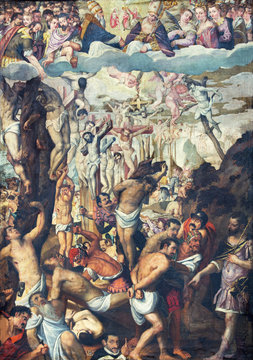 CREMONA, ITALY - MAY 24, 2016: The paint "Diecimila crocifissi sul monte Ararat" (early christian martyrs) in church Chiesa di San Giovanni Evangelista  by Angelo Evaradi - Fiammingo (1647 - 1678).