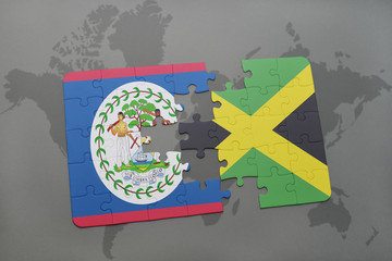 puzzle with the national flag of belize and jamaica on a world map background.