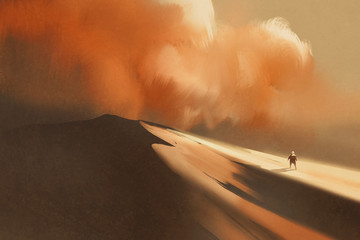 Fototapeta premium sandstorm in desert and hiking man,illustration,digital painting