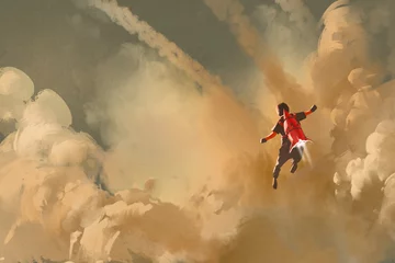 Fototapeten Junge fliegt in den bewölkten Himmel mit Jetpack-Rakete, Illustrationsmalerei © grandfailure