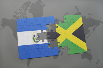 puzzle with the national flag of el salvador and jamaica on a world map background.
