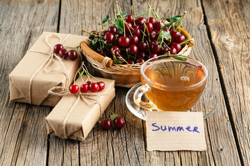 Morning breakfast with cherry basket