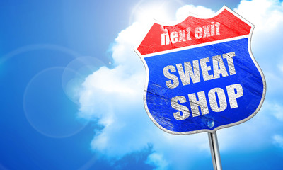 Sweat shop background, 3D rendering, blue street sign