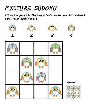 Childrens sudoku puzzle with cute owls for children education