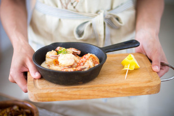 Grilled shrimps on frying pan