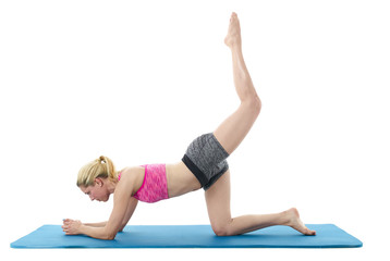 Fototapeta na wymiar Young woman exercising on mat