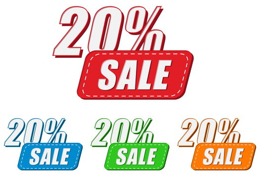 20 percentages sale, four colors labels, vector