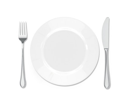white plate with silver fork and spoon isolated on white backgro