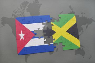 puzzle with the national flag of cuba and jamaica on a world map background.
