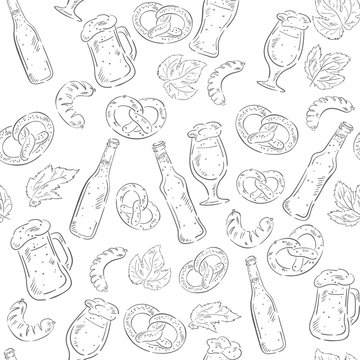 vector hand drawn beer seamless pattern with beer bottles, pretzels, sausages and beer mugs