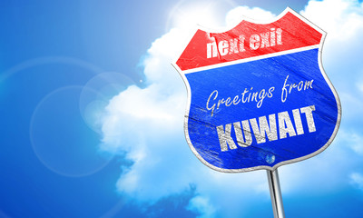 Greetings from kuwait, 3D rendering, blue street sign
