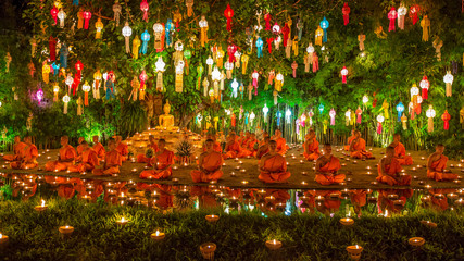 Wat Phan Tao, Chiangmai - November 9, 2014 : The monks come to take place praying and meditation on the Yee Peng  Festival's night. 