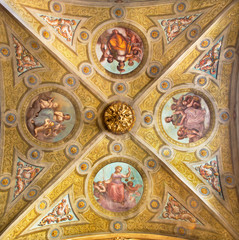 Fototapeta na wymiar CREMONA, ITALY - MAY 25, 2016: The ceiling fresco of symbolic four virtues in The Cathedral by unknown artist of 17. cent.