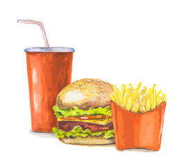 Watercolor fast food. Red pocket of french fries, red cola cup and fresh delicious burger on white background.