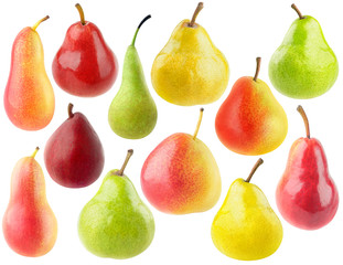 Collection of isolated pears of various colors and shapes