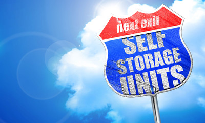 self storage units, 3D rendering, blue street sign