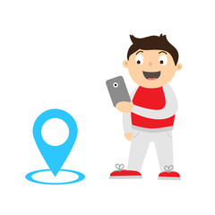 Cartoon illustration of a kid playing video game on his smartphone for keep fit. Boy finding and catching monsters with gps. Keeping with children healthy using video games concept.