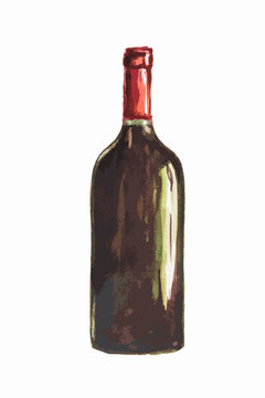 Isolated watercolor wine bottle on white background. Unlabeled bottle of alcohol is symbol of elegance, party or holiday relaxing.