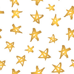 Fototapeta na wymiar Abstract modern seamless pattern with gold stars. Hand drawn golden stars on white. Shiny background like gold foil.