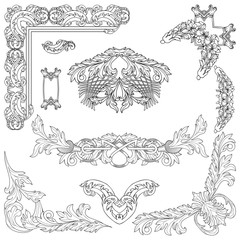 Decorative Ornament. Vintage set, Decorative retro swirl element, Angle design,  Baroque scroll frame corner, leaf motif pattern, engraving antique style ornament