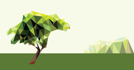 Low polygon fresh green leaf temple tree (Plumeria) on grass background and mountain scene, geometric vector illustration, panorama horizon landscape