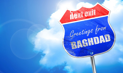 Greetings from baghdad, 3D rendering, blue street sign