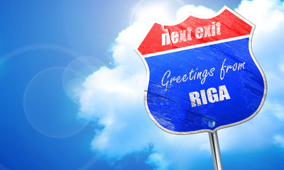 Greetings from riga, 3D rendering, blue street sign
