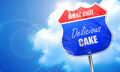 Delicious cake sign, 3D rendering, blue street sign