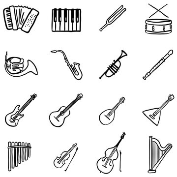Vector Set of Black Doodle Musical Instruments Icons