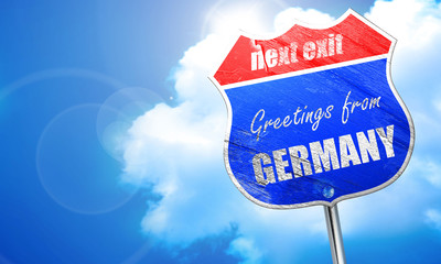 Greetings from germany, 3D rendering, blue street sign
