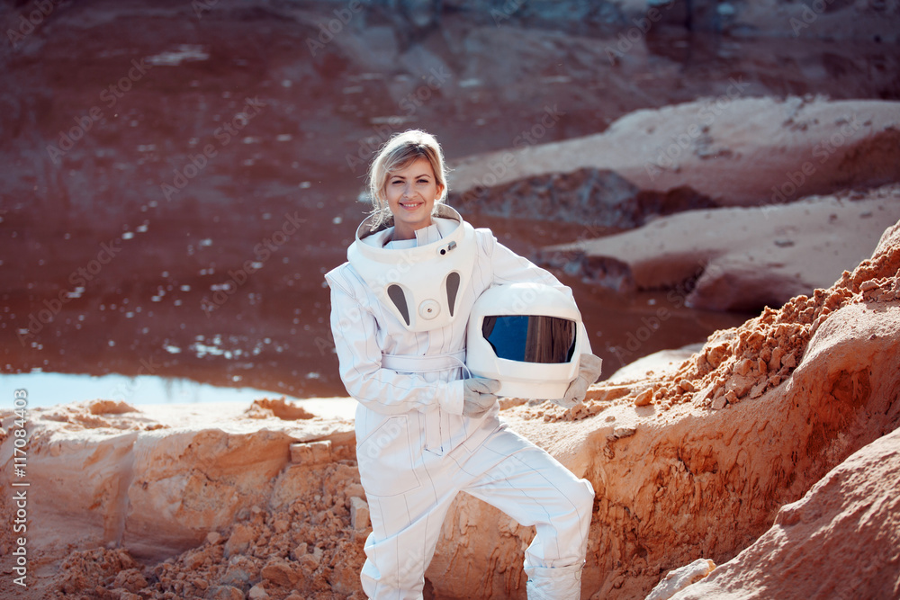 Sticker futuristic astronaut without a helmet on another planet, image with the effect of toning