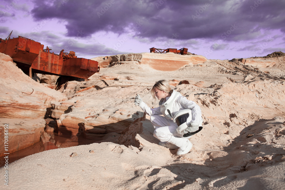 Poster futuristic astronaut on another planet, mars. image with the effect of toning