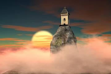 Fototapeta premium 3d illustration of Dragon tower on dramatic sky fantasy background with full moon rising
