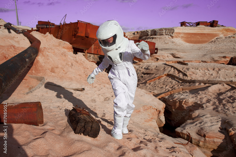 Poster futuristic astronaut on another planet, mars. image with the effect of toning
